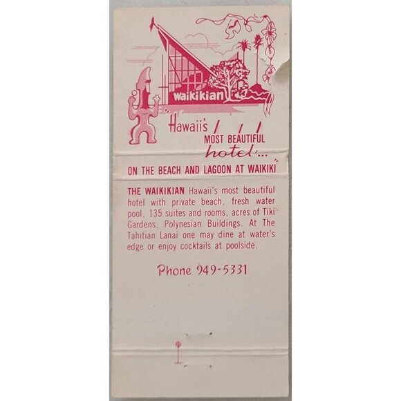 Matchbook Cover Waikikian Hotel Honolulu Hawaii Tiki Polynesian Resort - Picture 3 of 5
